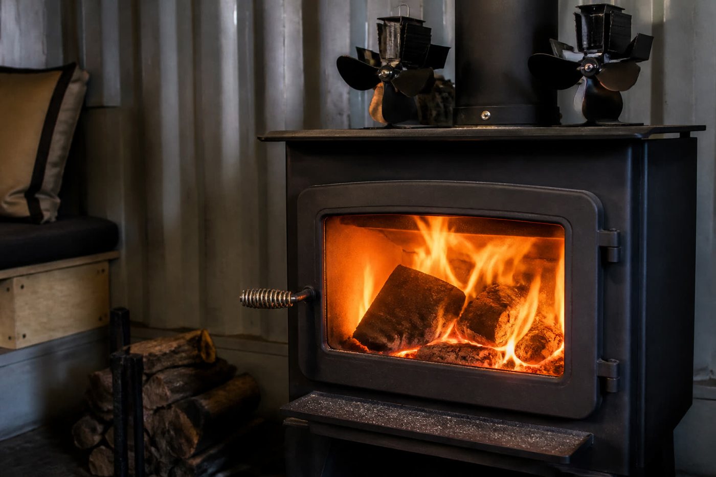 Wood stove fire glowing inside the sheltered metal container