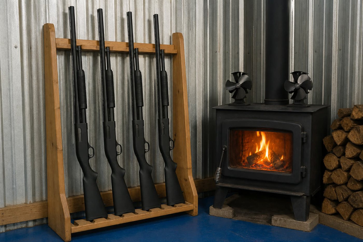 Wooden rack of black pump shotguns beside a wood stove inside the metal shooting container