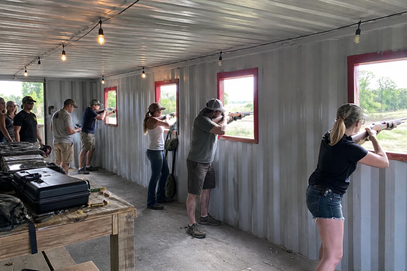 People inside the container shooting out the window ports onto the outdoor field