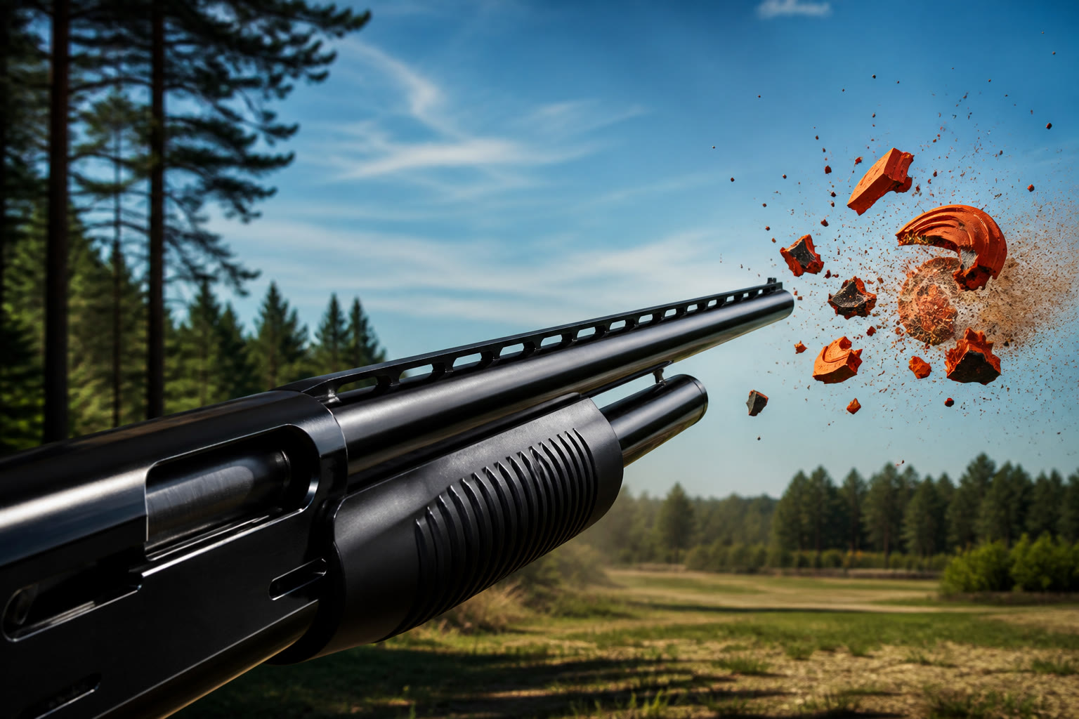 First-person shotgun breaking an orange clay over the field